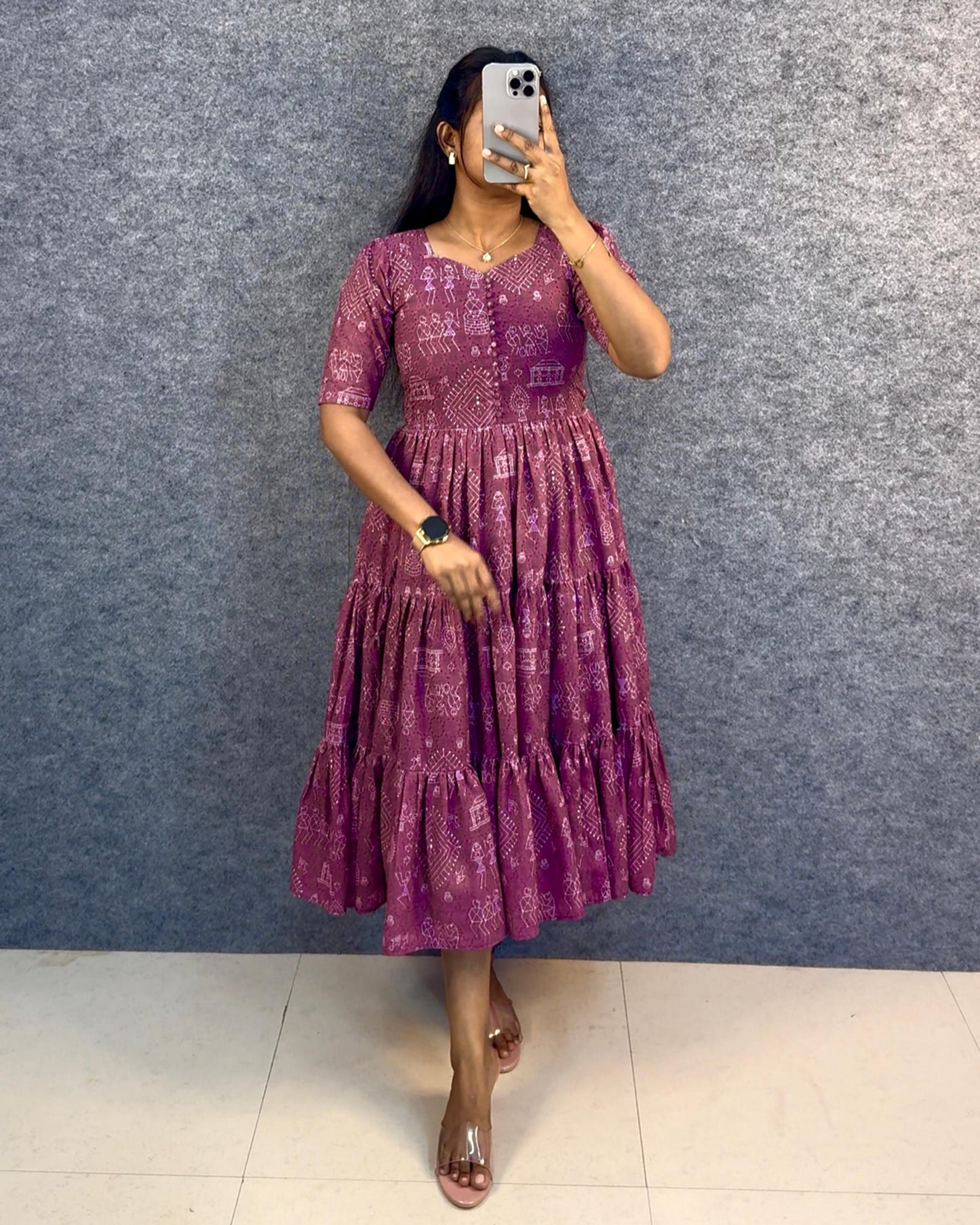Unique "village print" Hakoba maxi gown with one side pocket