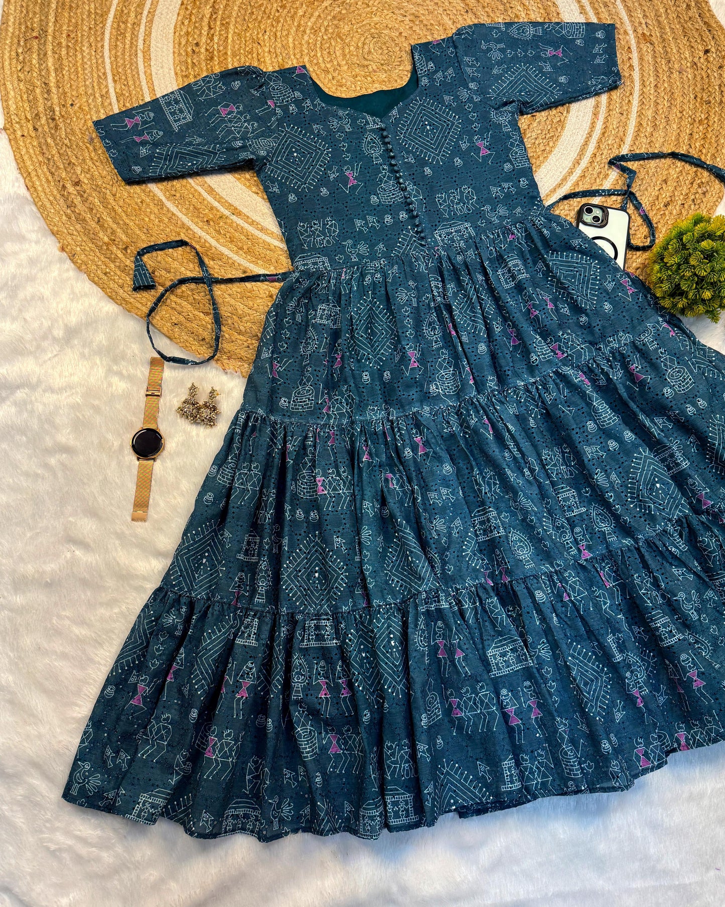 Unique "village print" Hakoba maxi gown with one side pocket