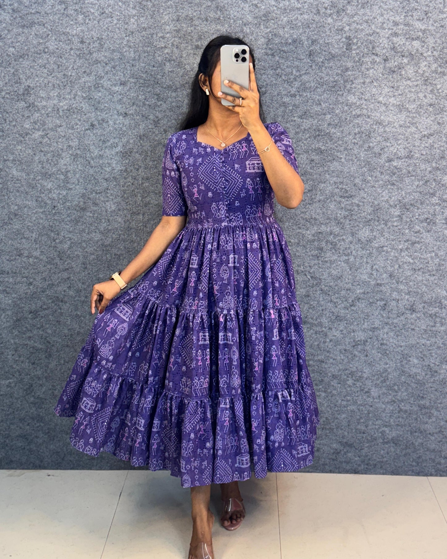 Unique "village print" Hakoba maxi gown with one side pocket
