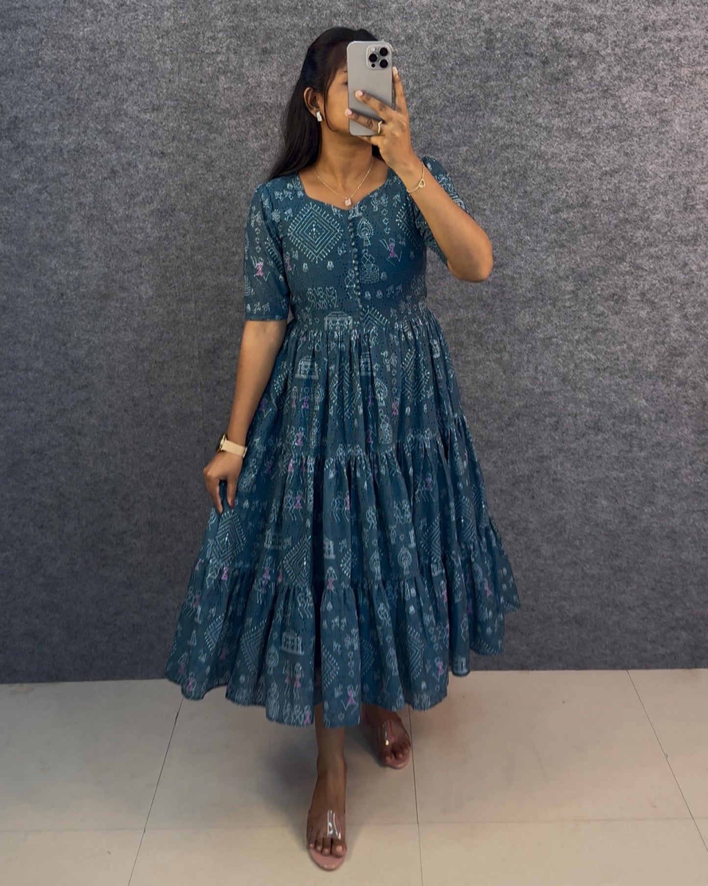 Unique "village print" Hakoba maxi gown with one side pocket