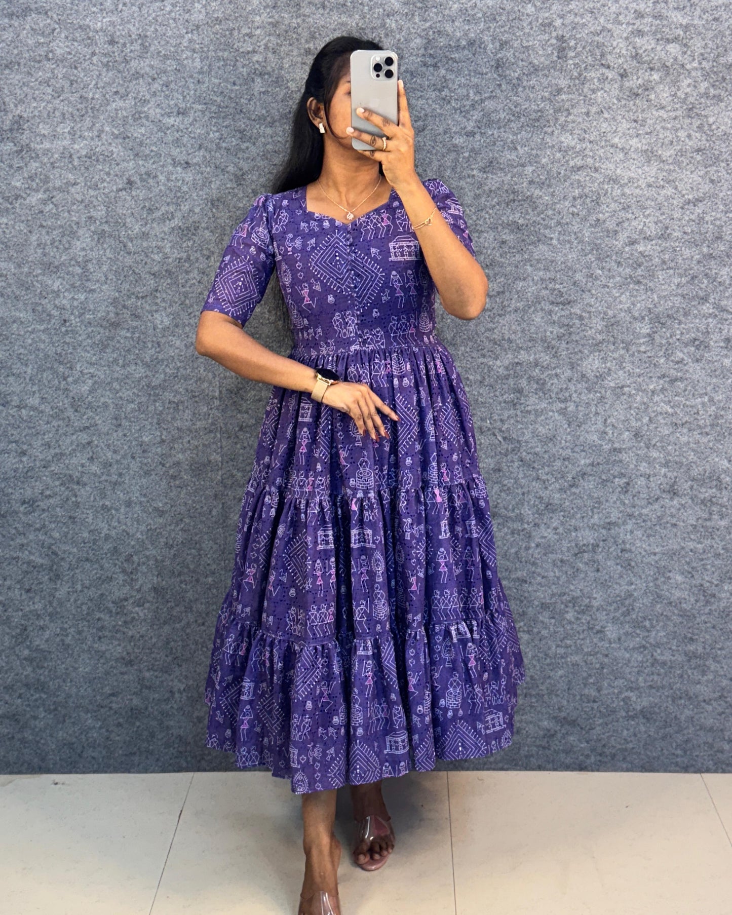 Unique "village print" Hakoba maxi gown with one side pocket