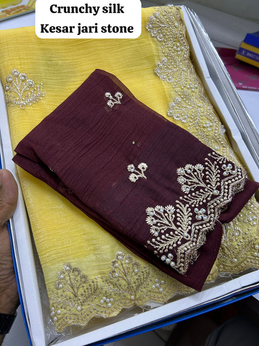 Crunchy silk material Kesar jari stone work saree