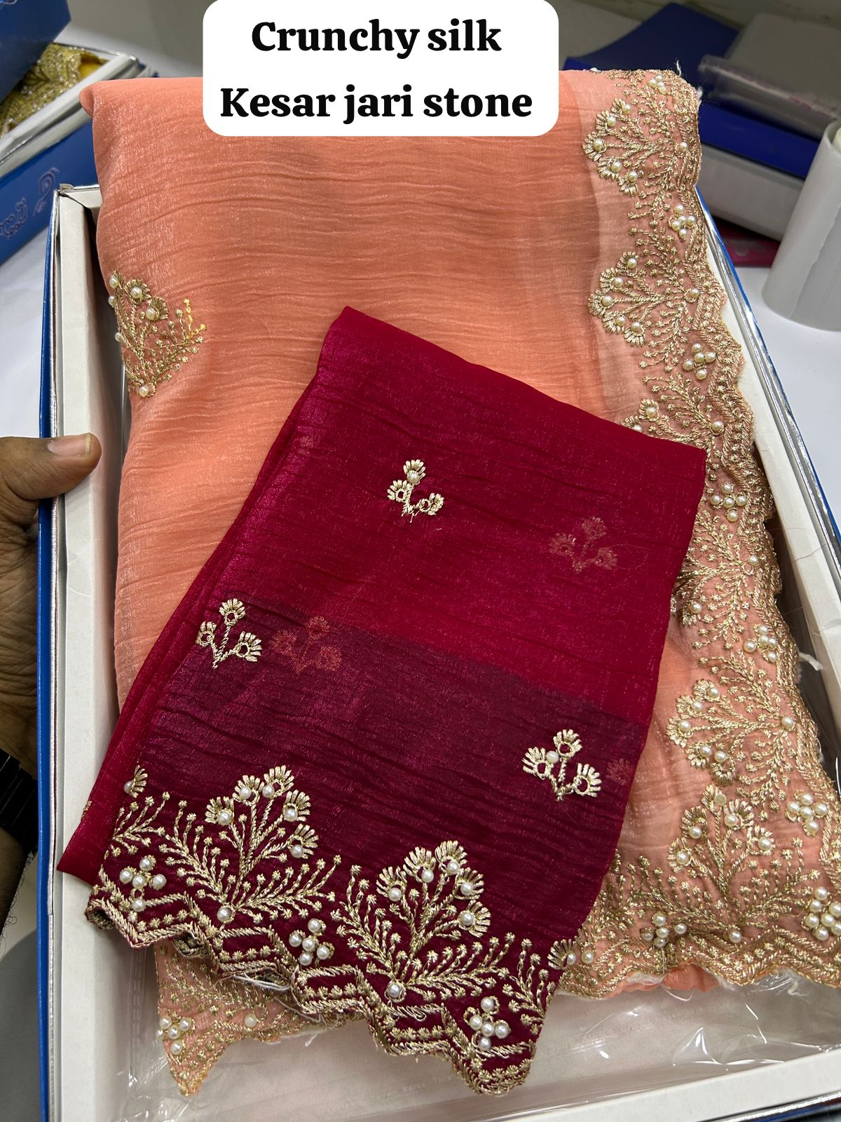 Crunchy silk material Kesar jari stone work saree