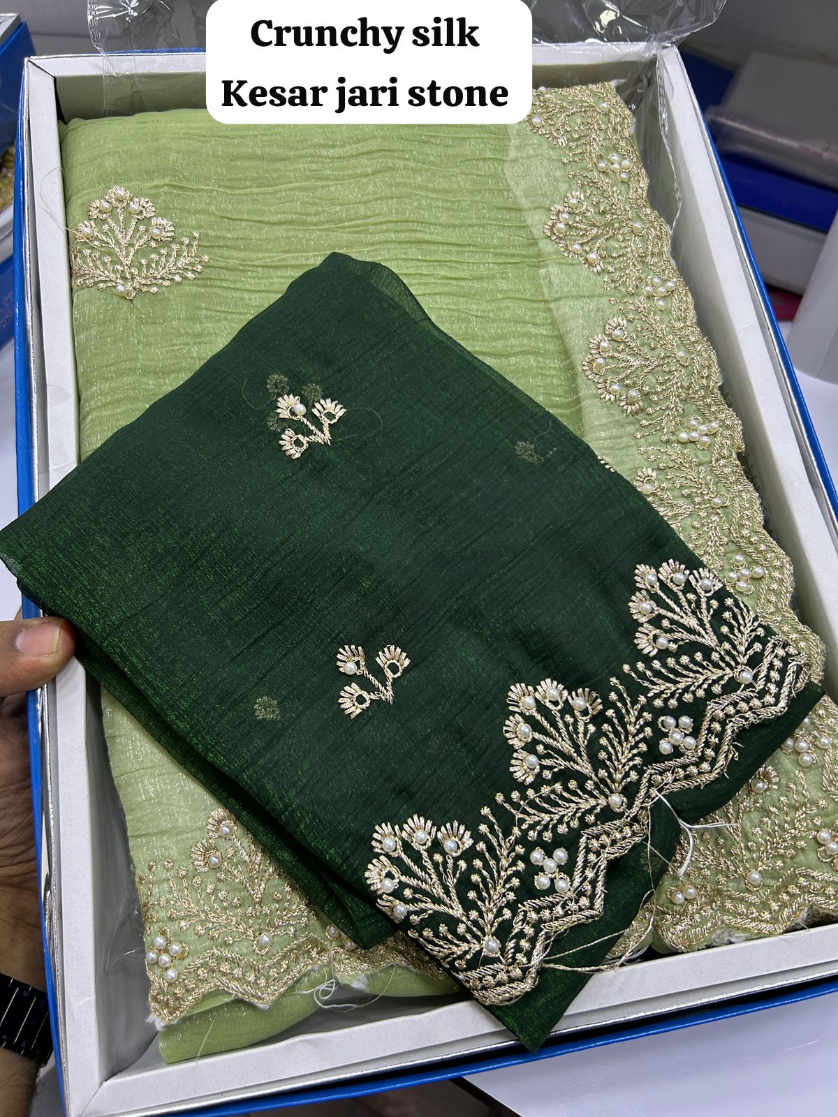 Crunchy silk material Kesar jari stone work saree