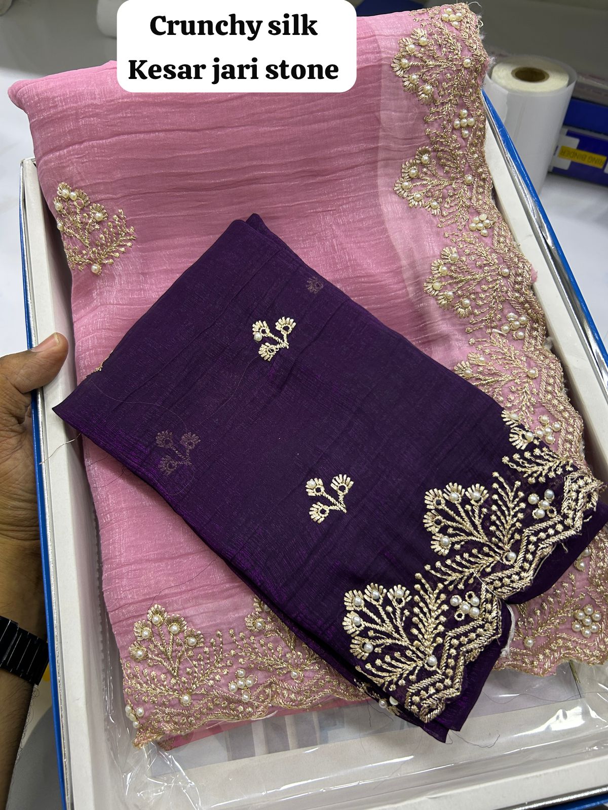 Crunchy silk material Kesar jari stone work saree