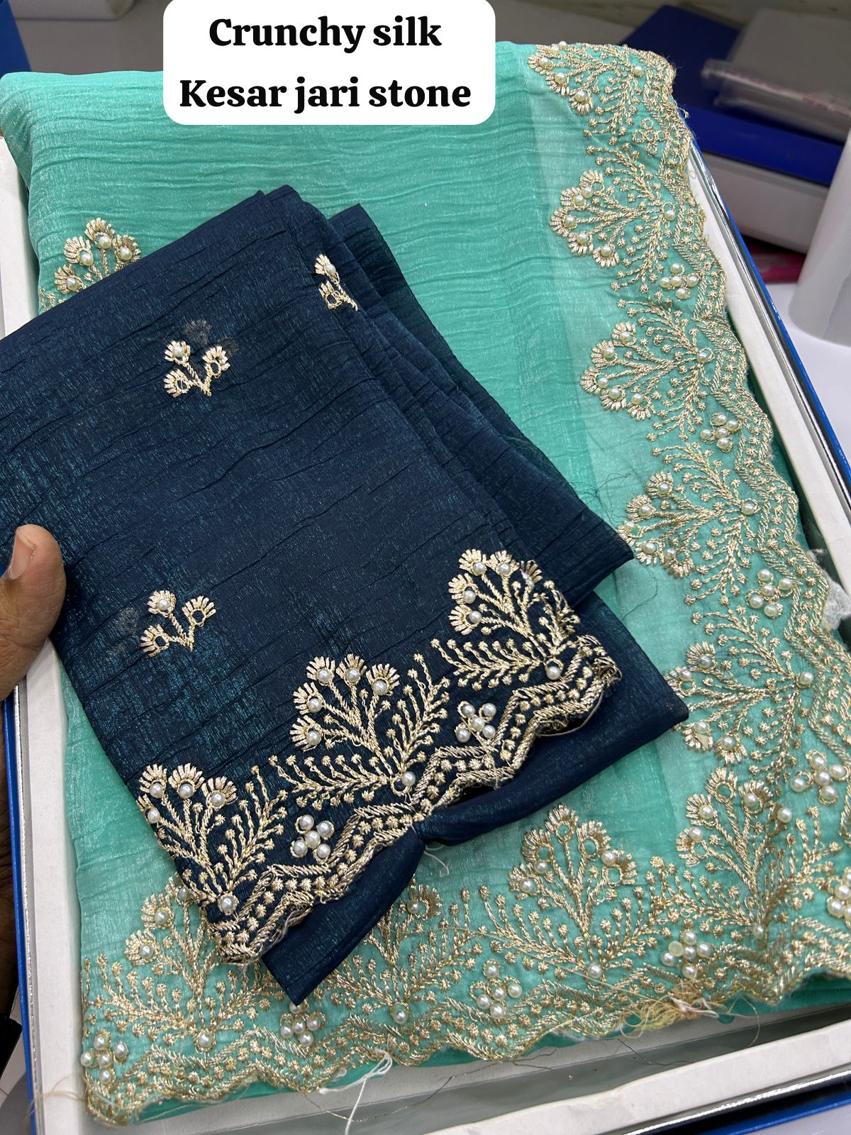 Crunchy silk material Kesar jari stone work saree