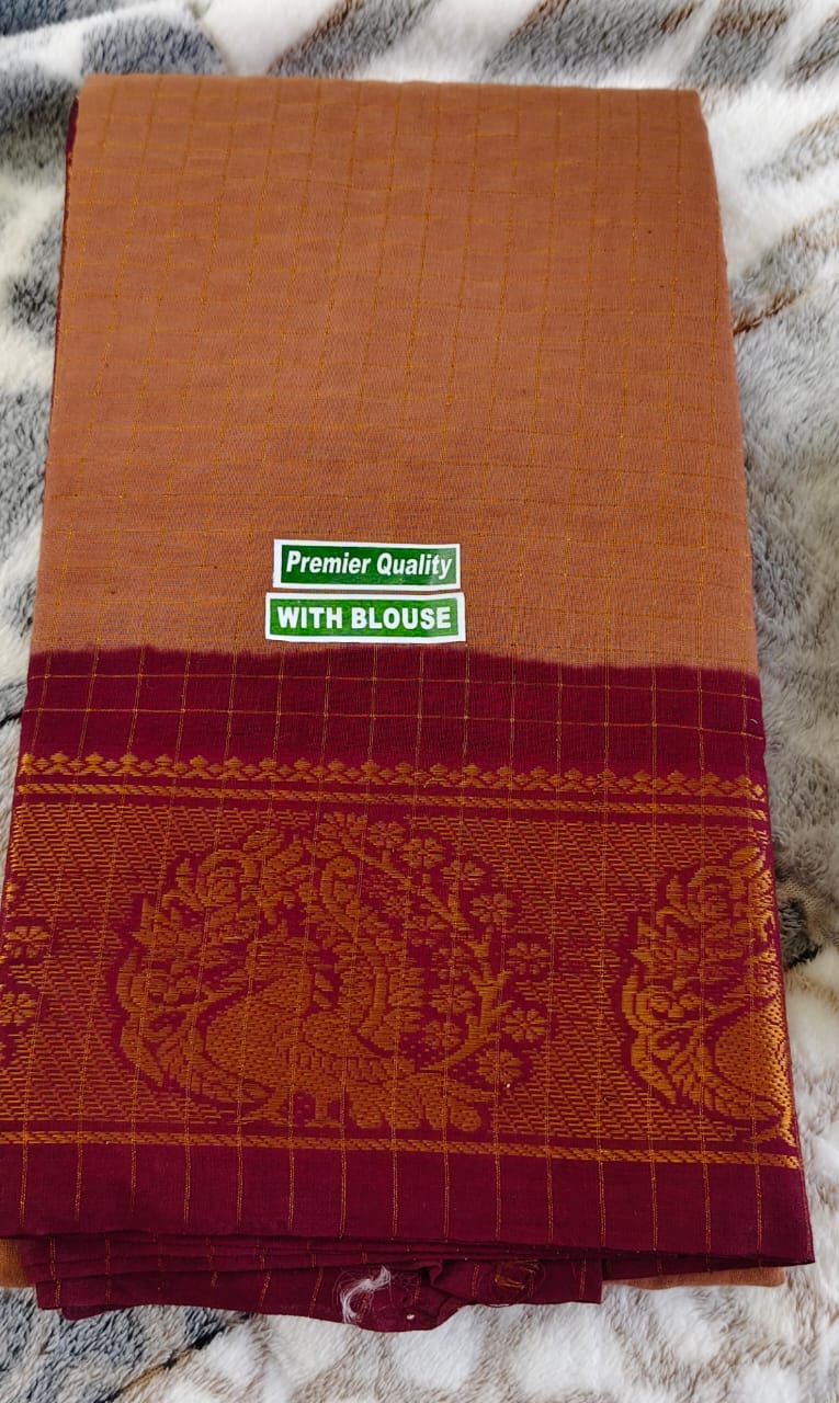 Gold & Silver zari check soft cotton sarees