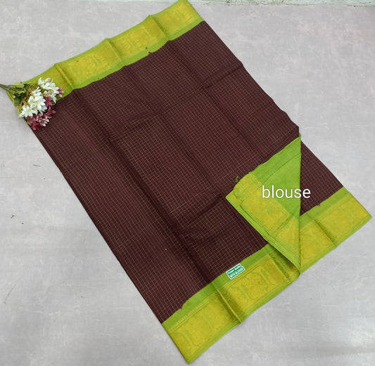 Gold zari check soft cotton sarees brown with green border