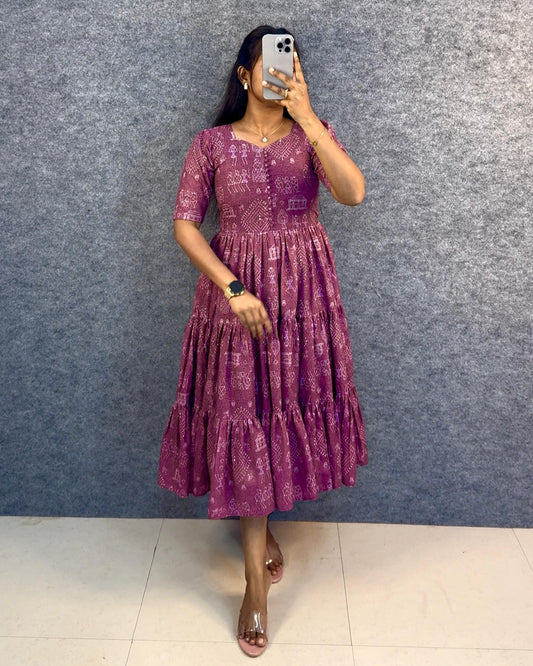 Unique "village print" Hakoba maxi gown with one side pocket