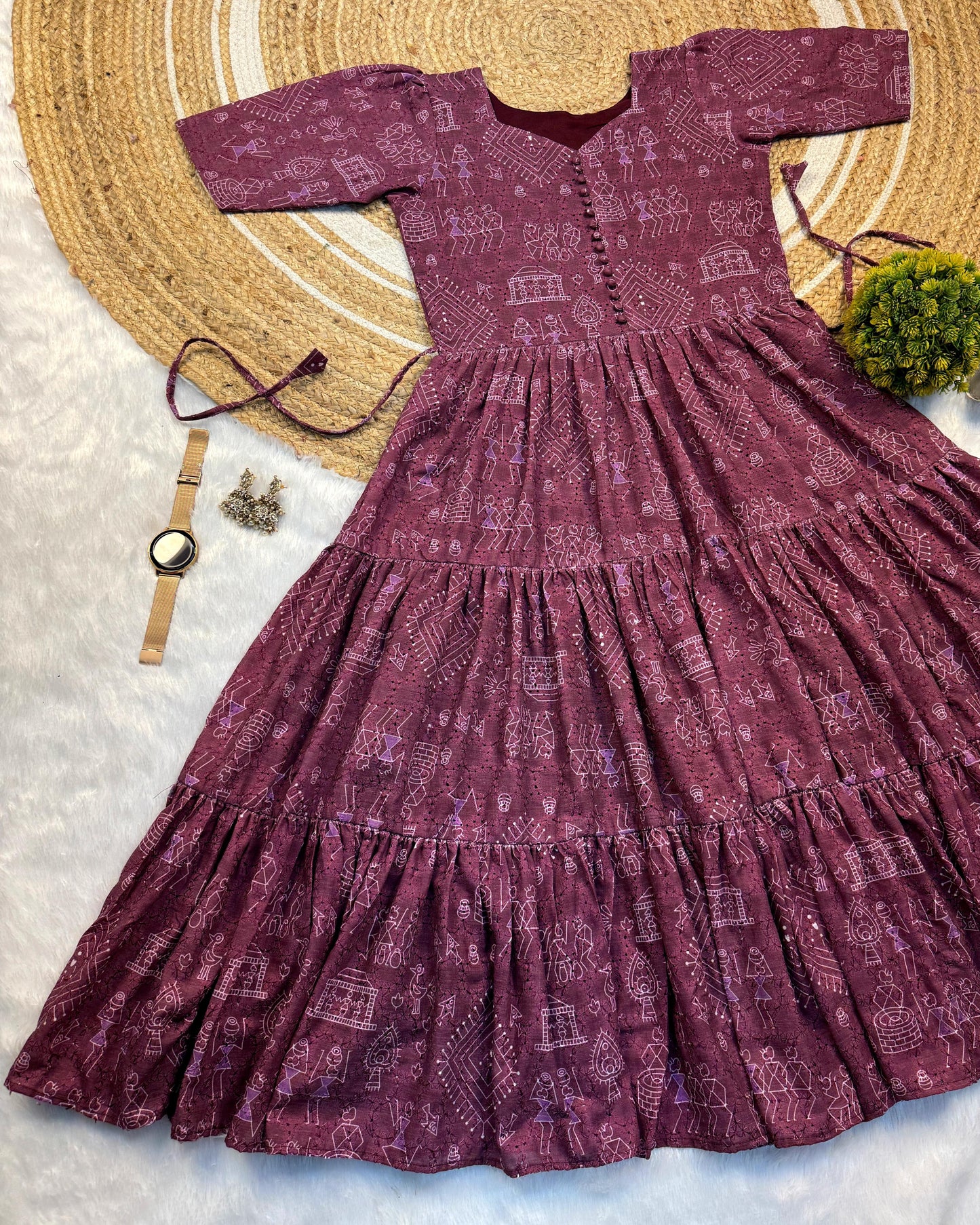 Unique "village print" Hakoba maxi gown with one side pocket