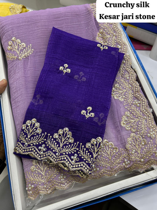 Crunchy silk material Kesar jari stone work saree