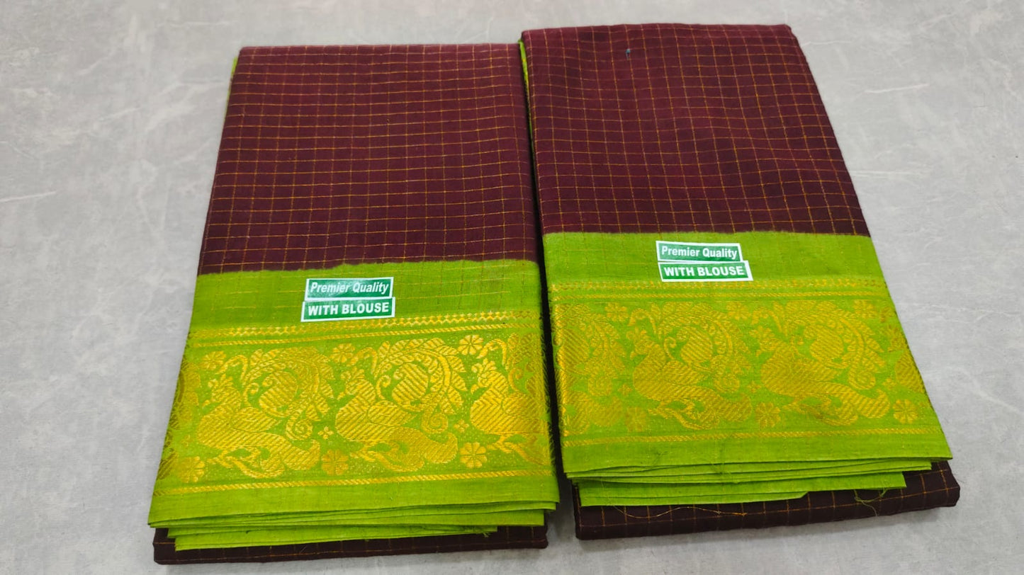 Gold zari check soft cotton sarees brown with green border