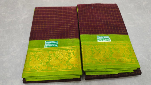 Gold zari check soft cotton sarees brown with green border
