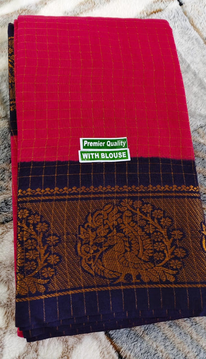 Gold & Silver zari check soft cotton sarees