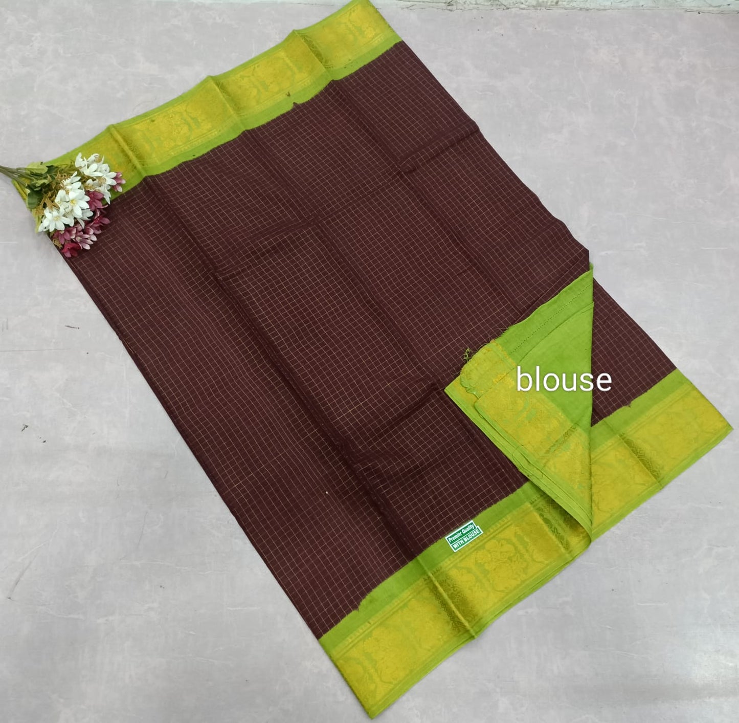 Gold zari check soft cotton sarees brown with green border