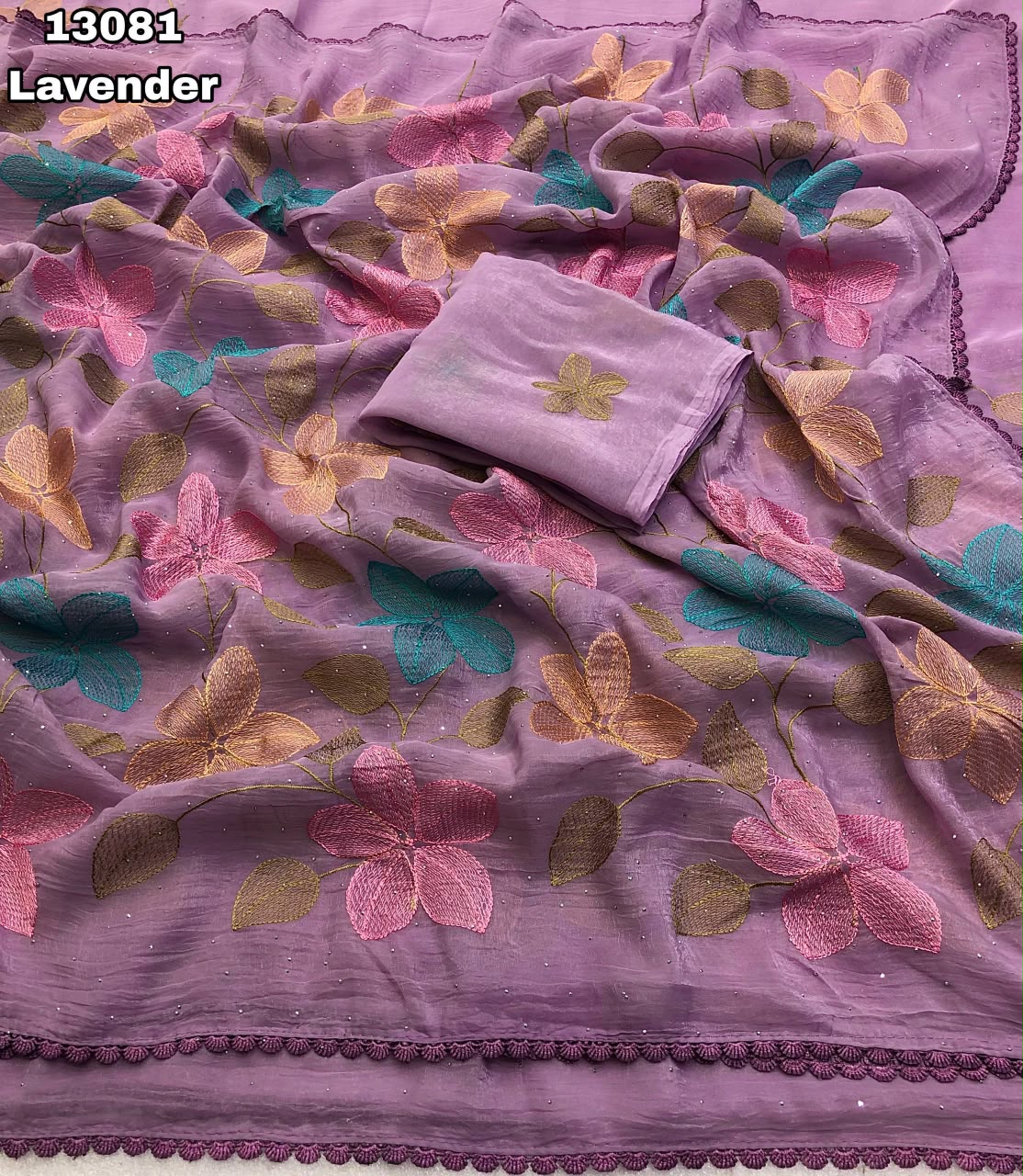 crush with fancy floral design embroidery thread work saree