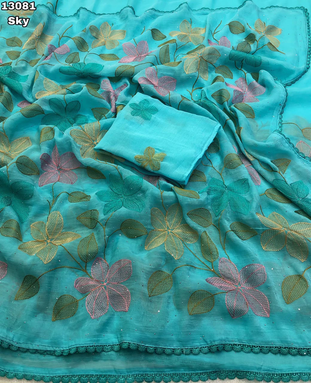 crush with fancy floral design embroidery thread work saree