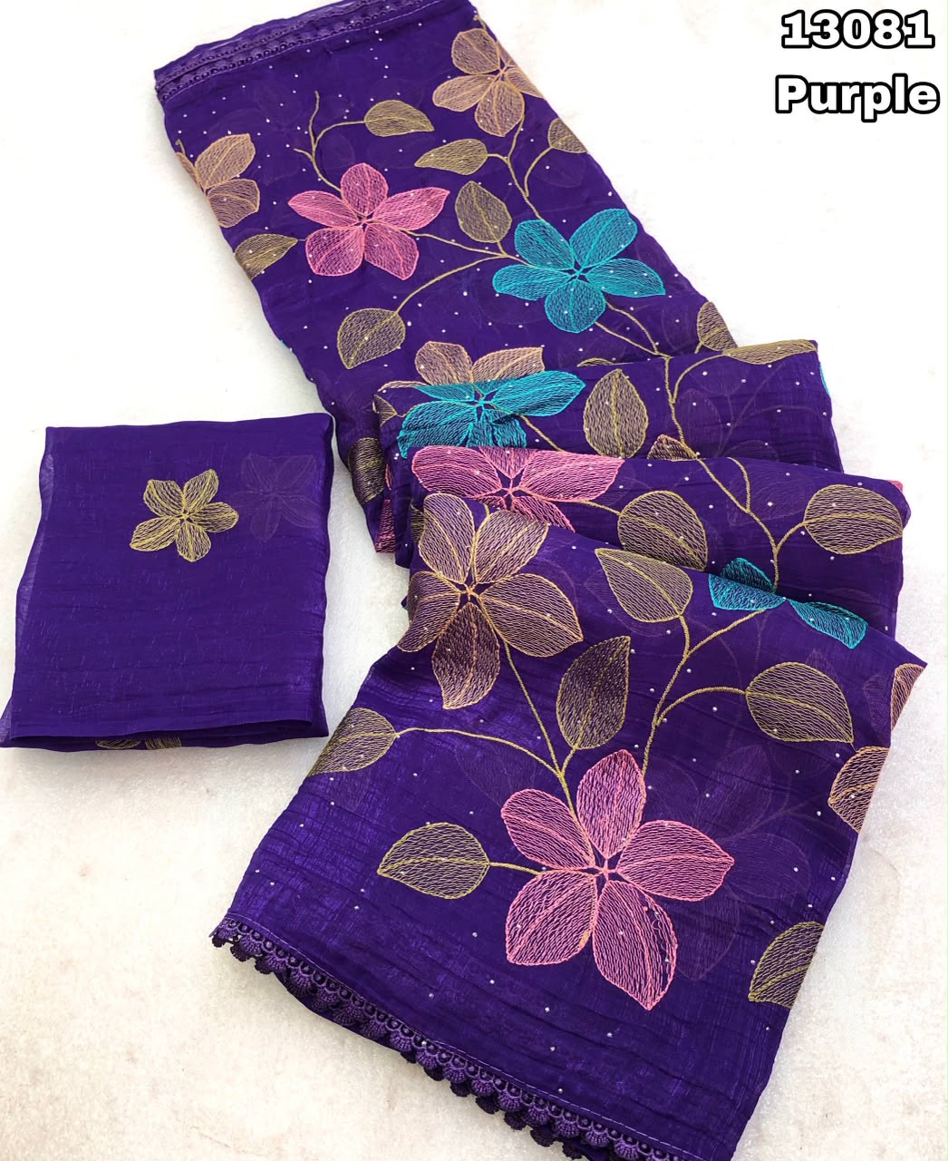 crush with fancy floral design embroidery thread work saree