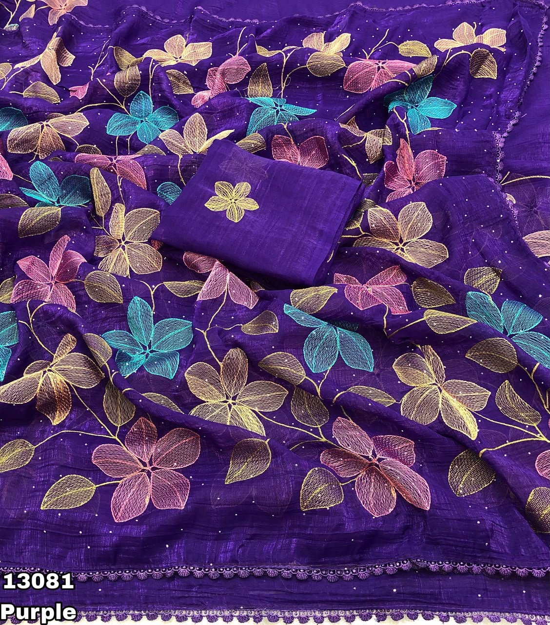 crush with fancy floral design embroidery thread work saree