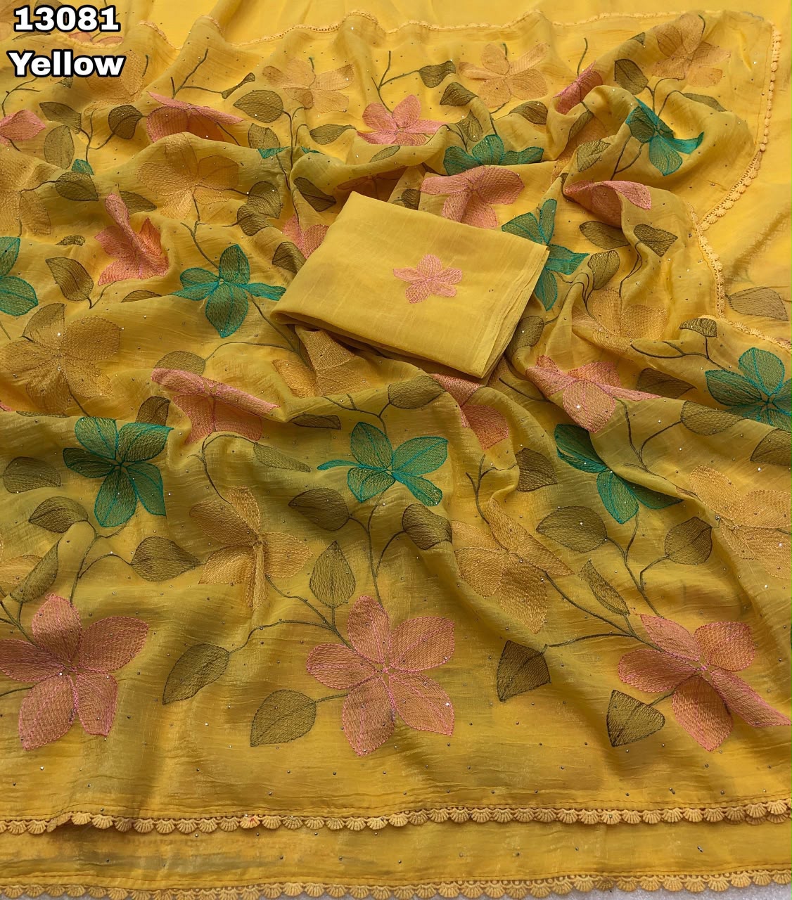 crush with fancy floral design embroidery thread work saree
