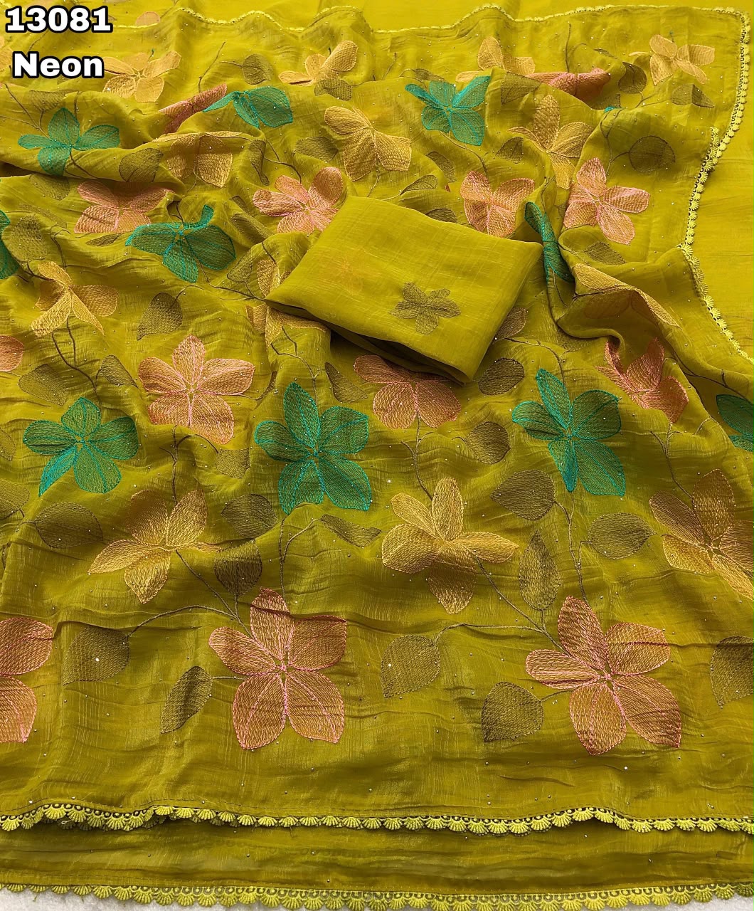 crush with fancy floral design embroidery thread work saree
